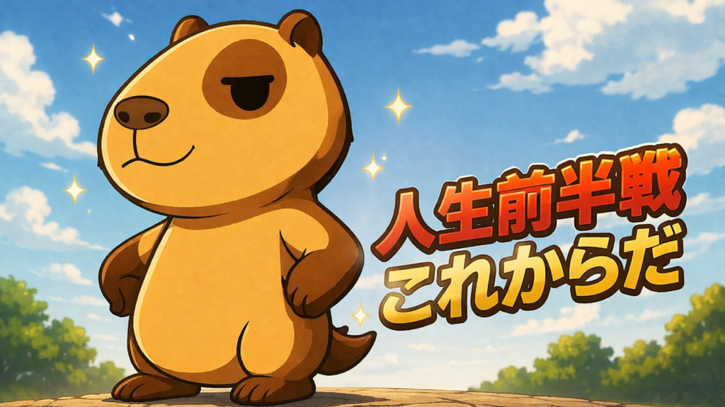 人生前半戦、これからだ。青空の下に立つカピバラのイラスト。40代はまだ前半戦というメッセージ